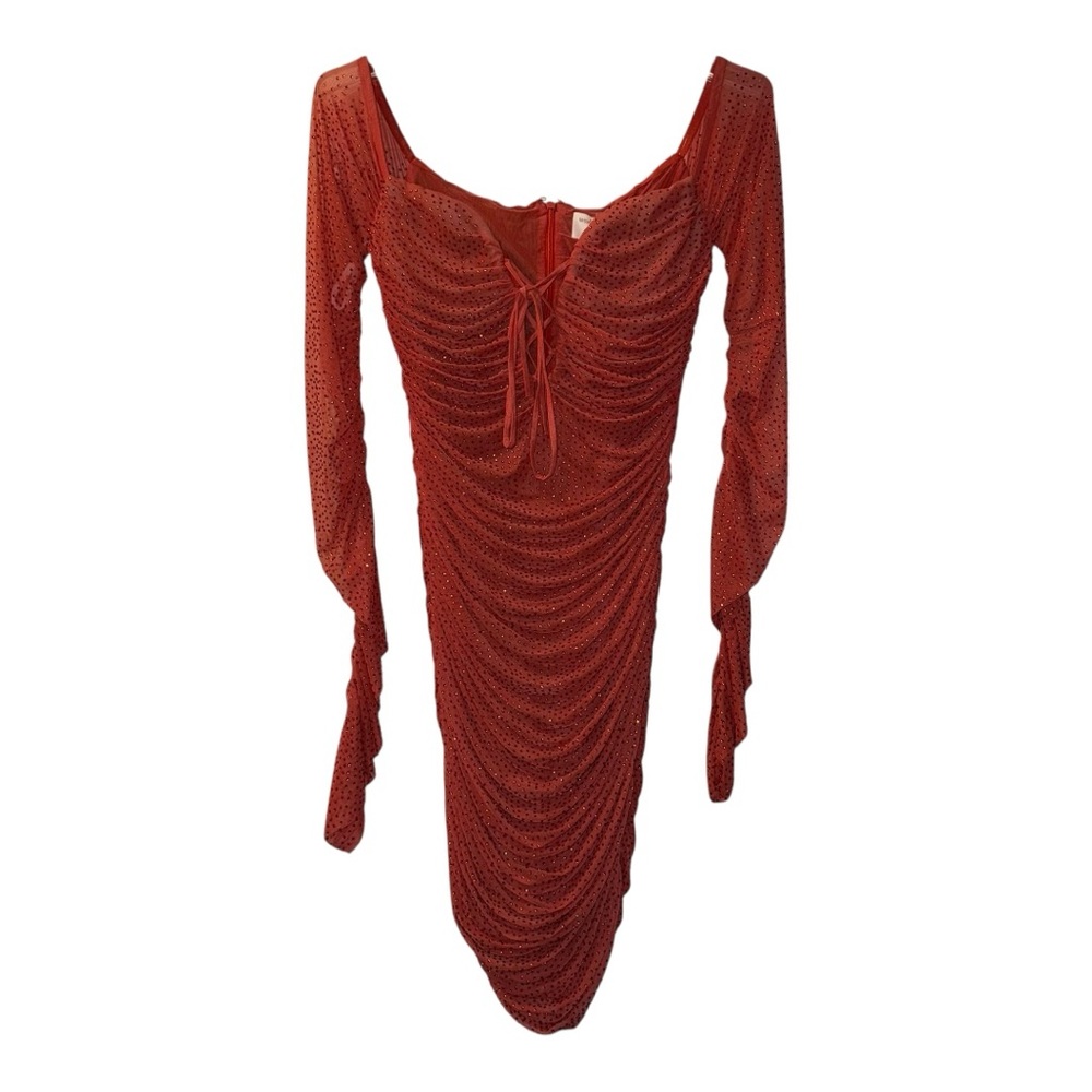 NEW Miss Circle Ruched Mesh Crystal Sparkle Long Sleeve Bodycon Dress Medium - Picture 2 of 12